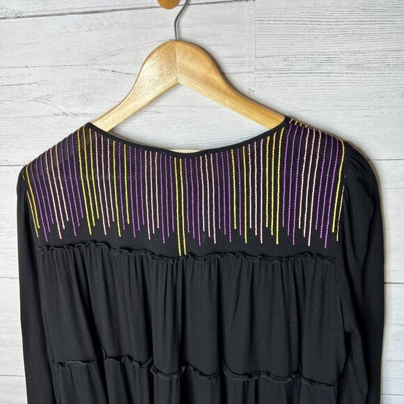 Savanna Jane Blouse Womens Size Medium Black Tiered Colorful Embroidered Stripes - Picture 13 of 15